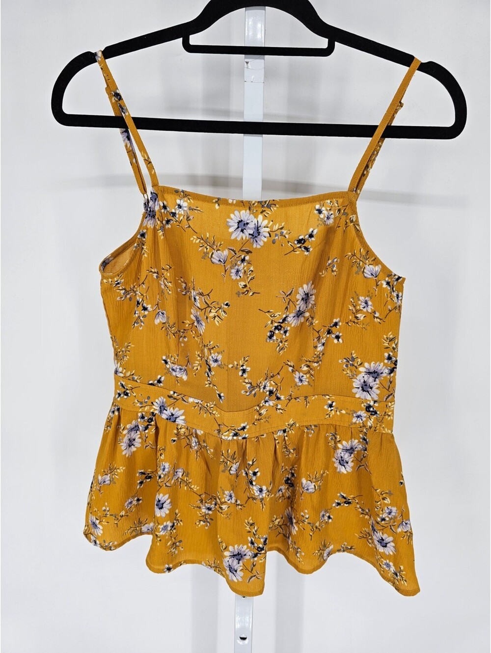Alya Womens Sz M peplum Style Spaghetti Strap Blouse Bustard Yellow Floral